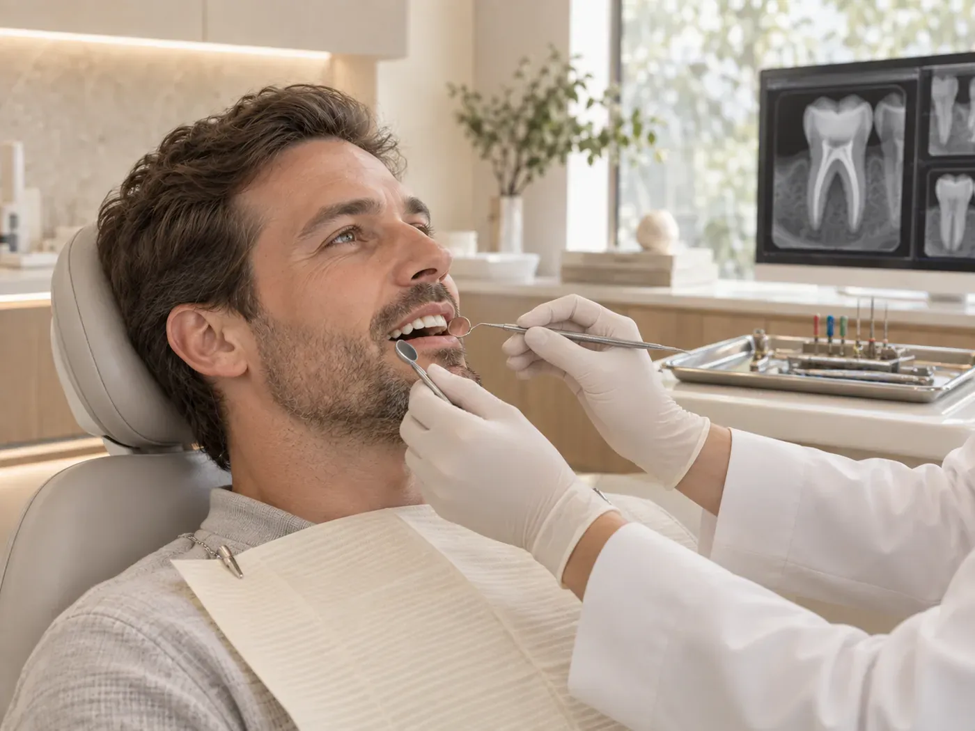 Paciente na cadeira odontológica durante o exame, com radiografias de dentes e seus canais na tela ao fundo.