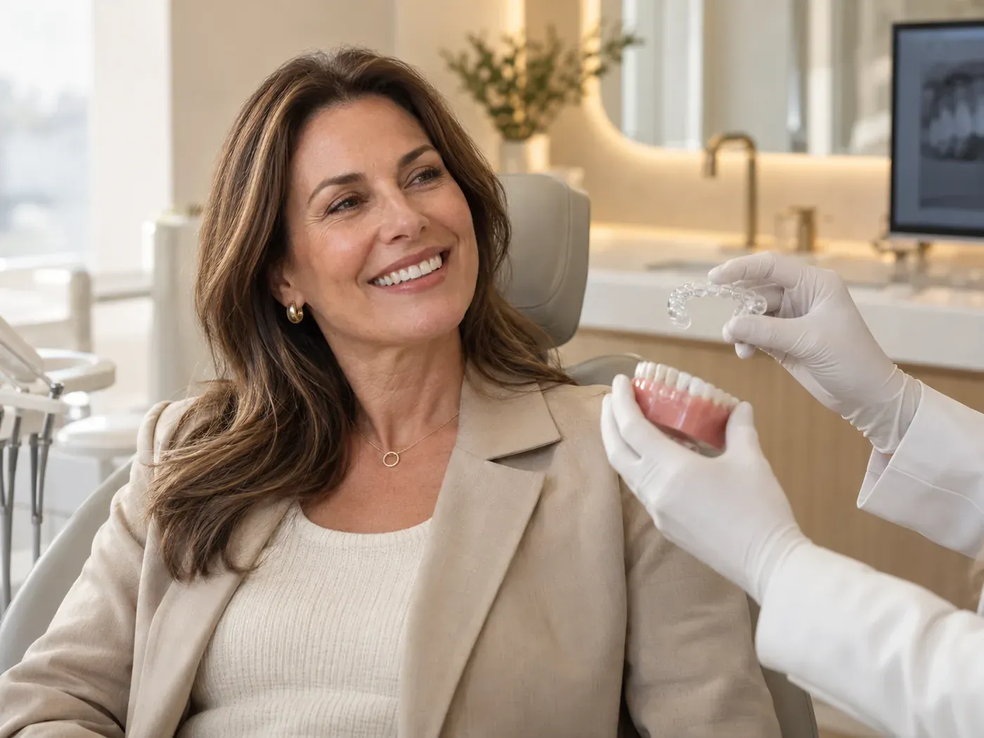 Paciente adulta sorri enquanto a profissional apresenta um alinhador transparente e um modelo dos dentes.