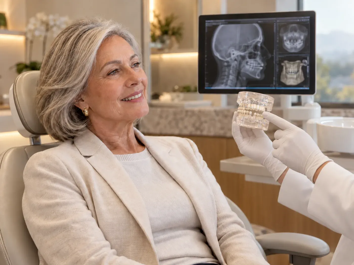 Paciente idosa observa um modelo dos maxilares, com uma radiografia de perfil na tela ao fundo.