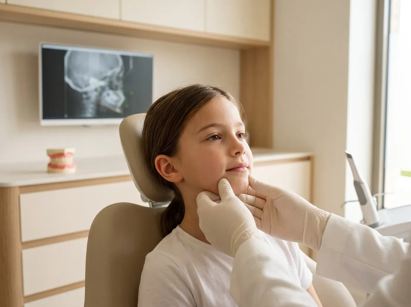 Criança na cadeira odontológica tem a mandíbula examinada pela profissional, com uma radiografia de perfil do crânio na tela ao fundo.