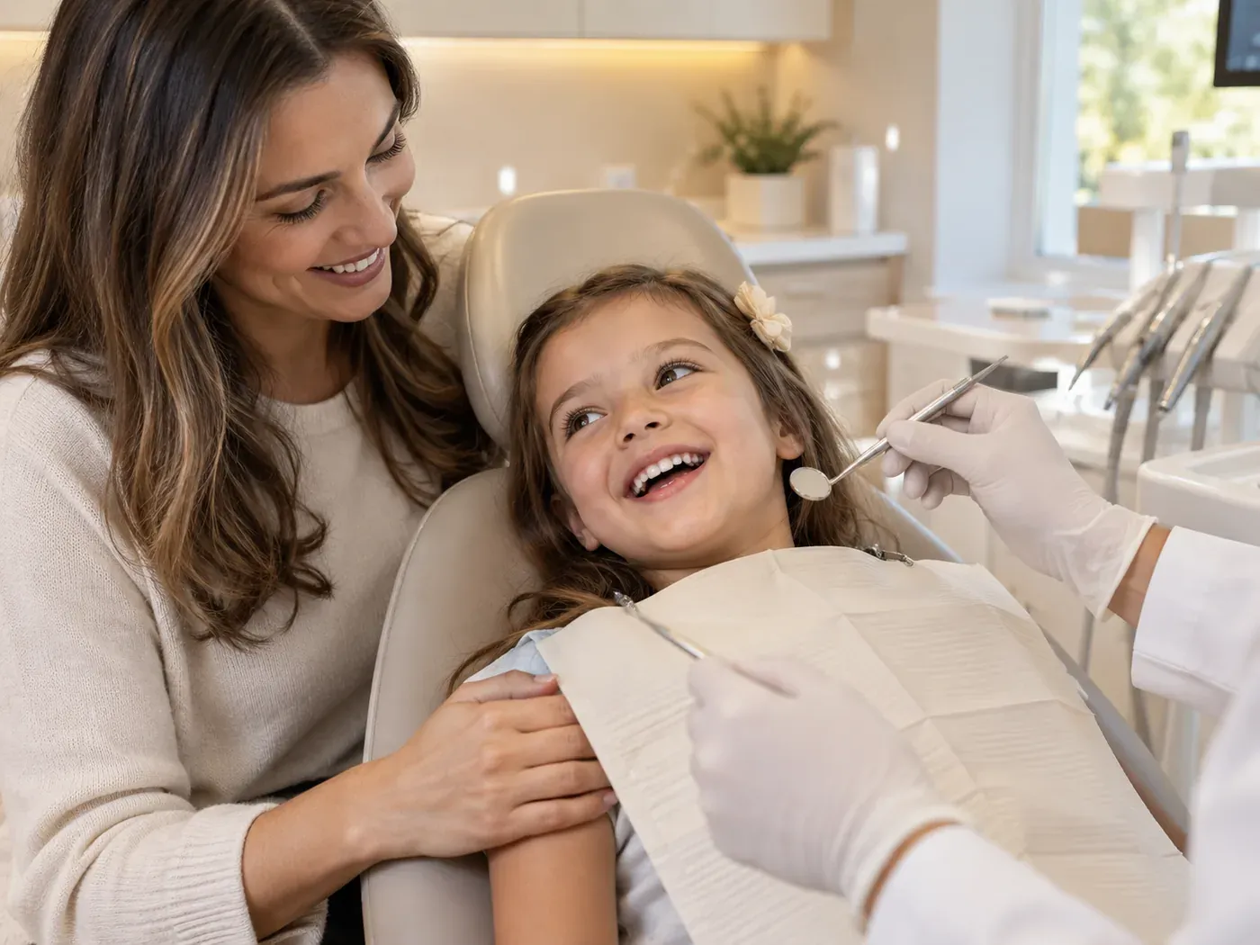 Atendimento odontológico infantil acompanhado pela mãe.
