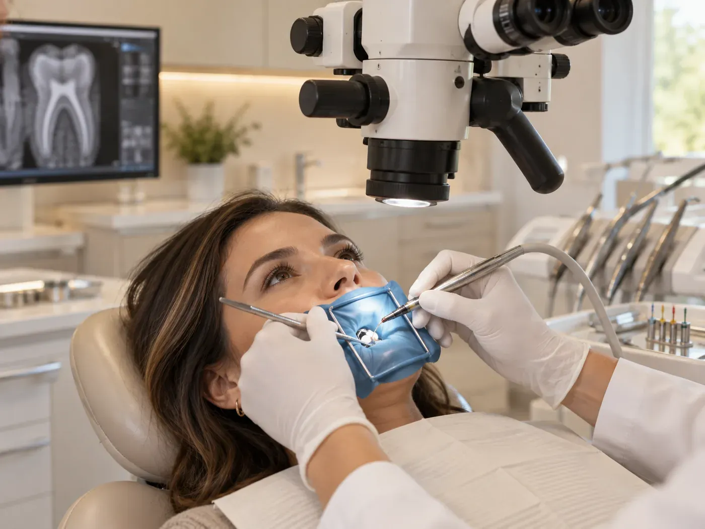 Tratamento endodôntico realizado com microscópio odontológico.