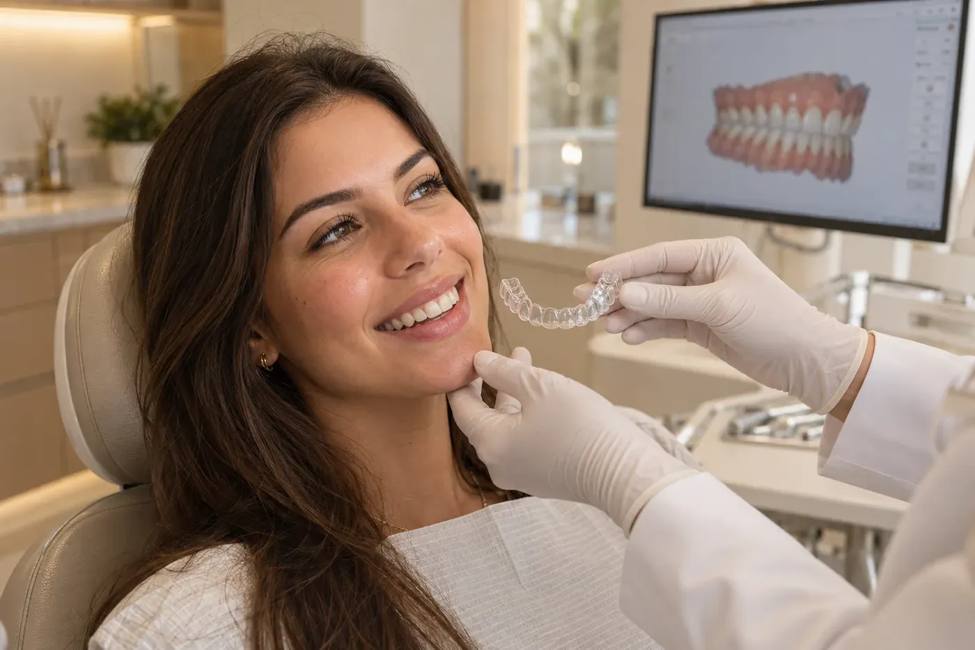 Consulta ortodôntica com alinhador transparente.