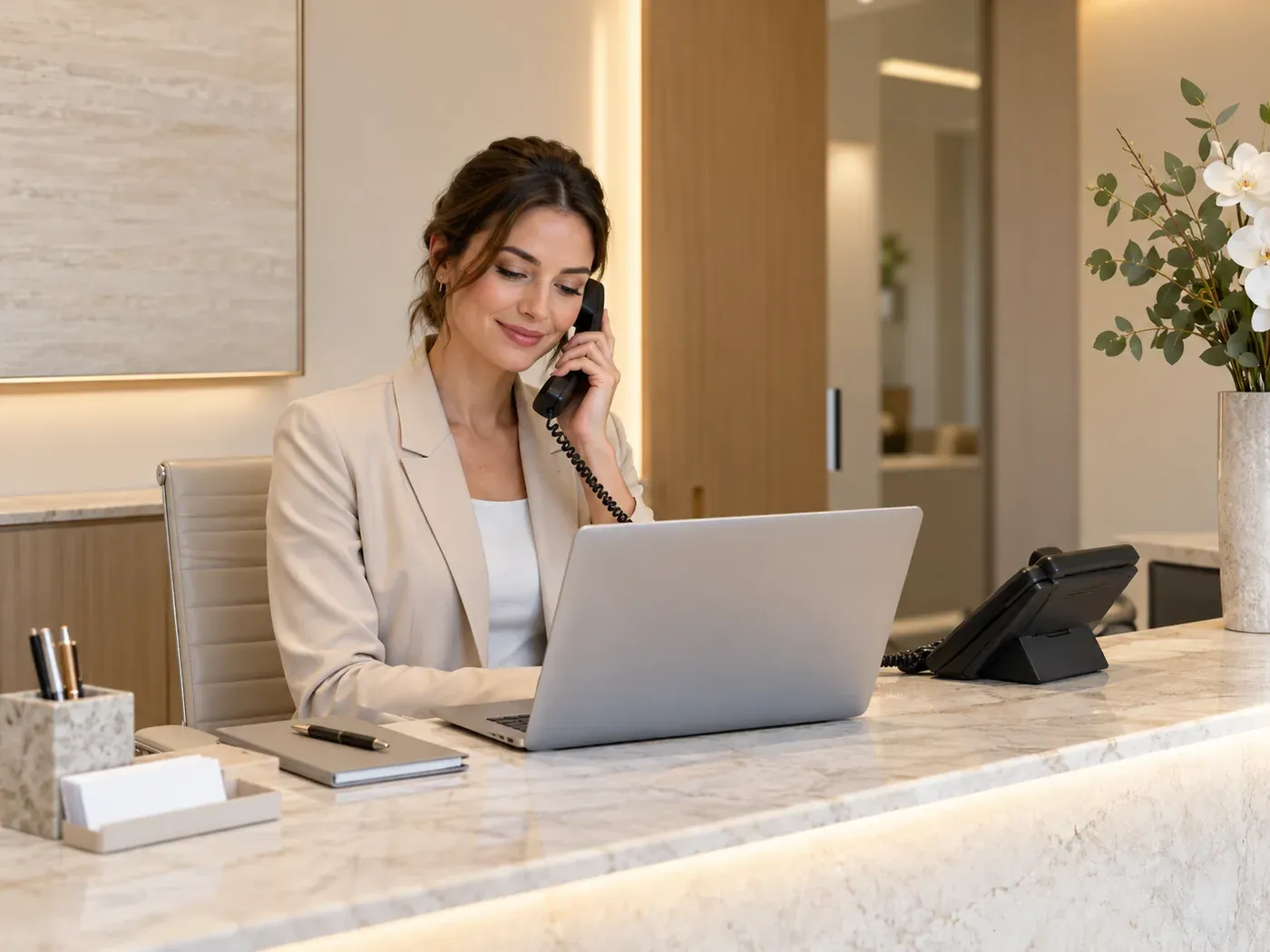 Atendente fala ao telefone numa recepção com bancada de mármore, diante de um notebook aberto.