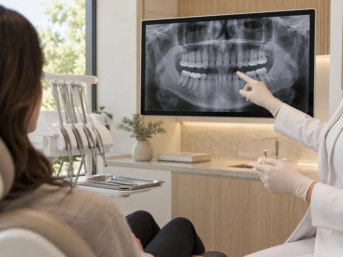 Radiografia panorâmica exibida em tela, com a profissional apontando um dente.