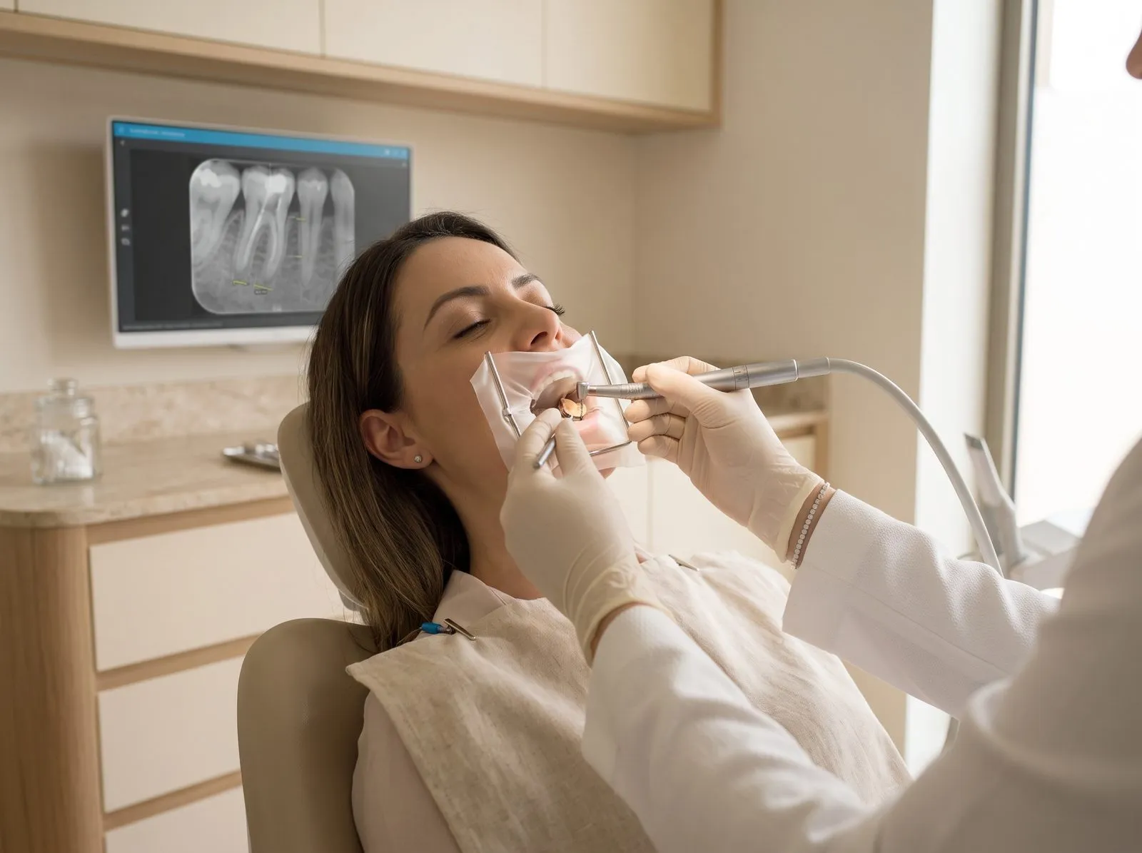 Atendimento odontológico com isolamento absoluto durante tratamento de canal, com radiografia do dente na tela.