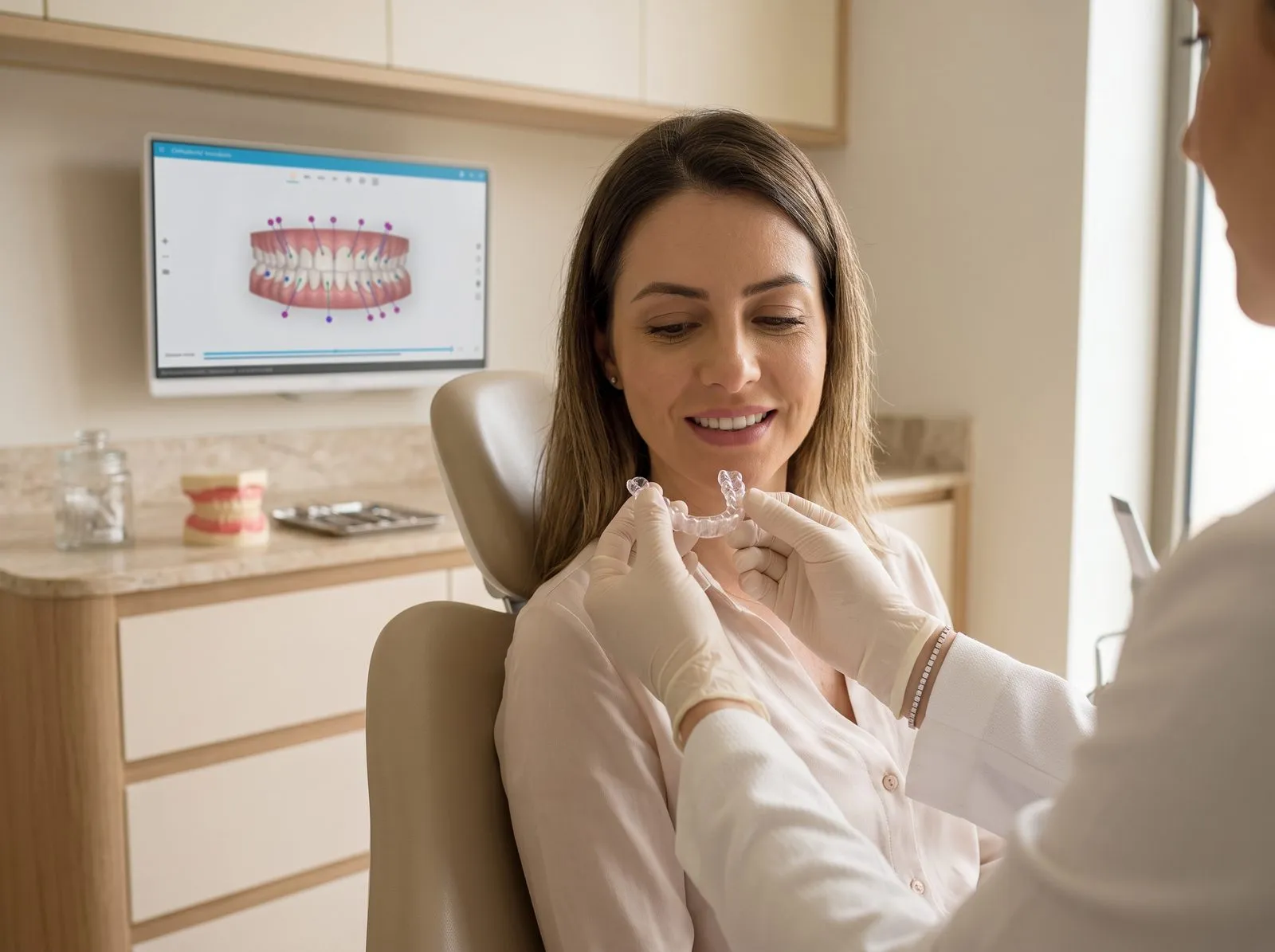 Paciente recebendo um alinhador transparente Invisalign durante consulta, com planejamento digital do tratamento na tela.